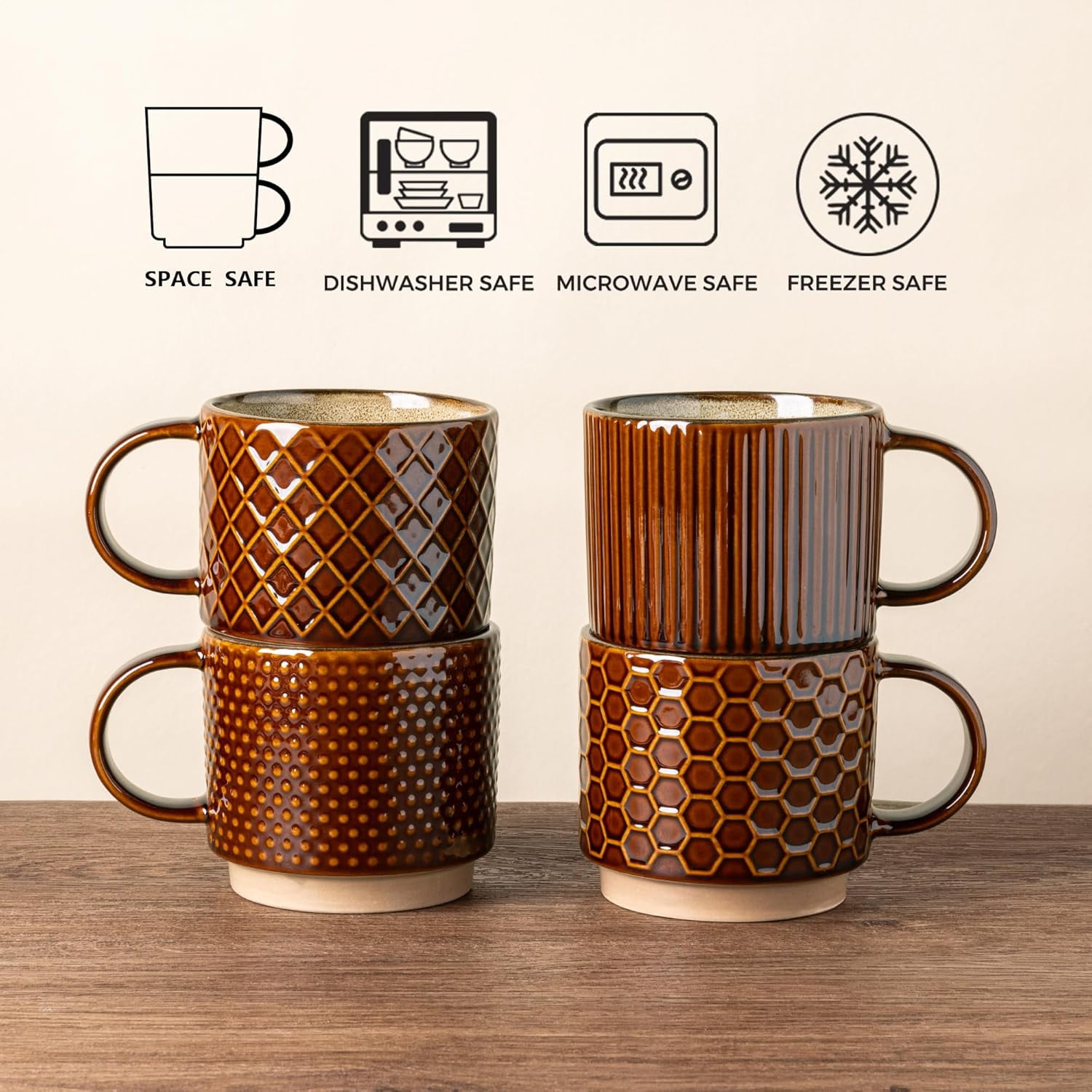 AmorArc 12OZ Stackable Coffee Mugs, Ceramic Coffee Cups with Texture Patterns for Man,Woman,Dad,Mom, Modern Coffee Mugs Set of 4 for Latte/Cappuccino/Cocoa. Dishwasher&Microwave Safe, Caramel