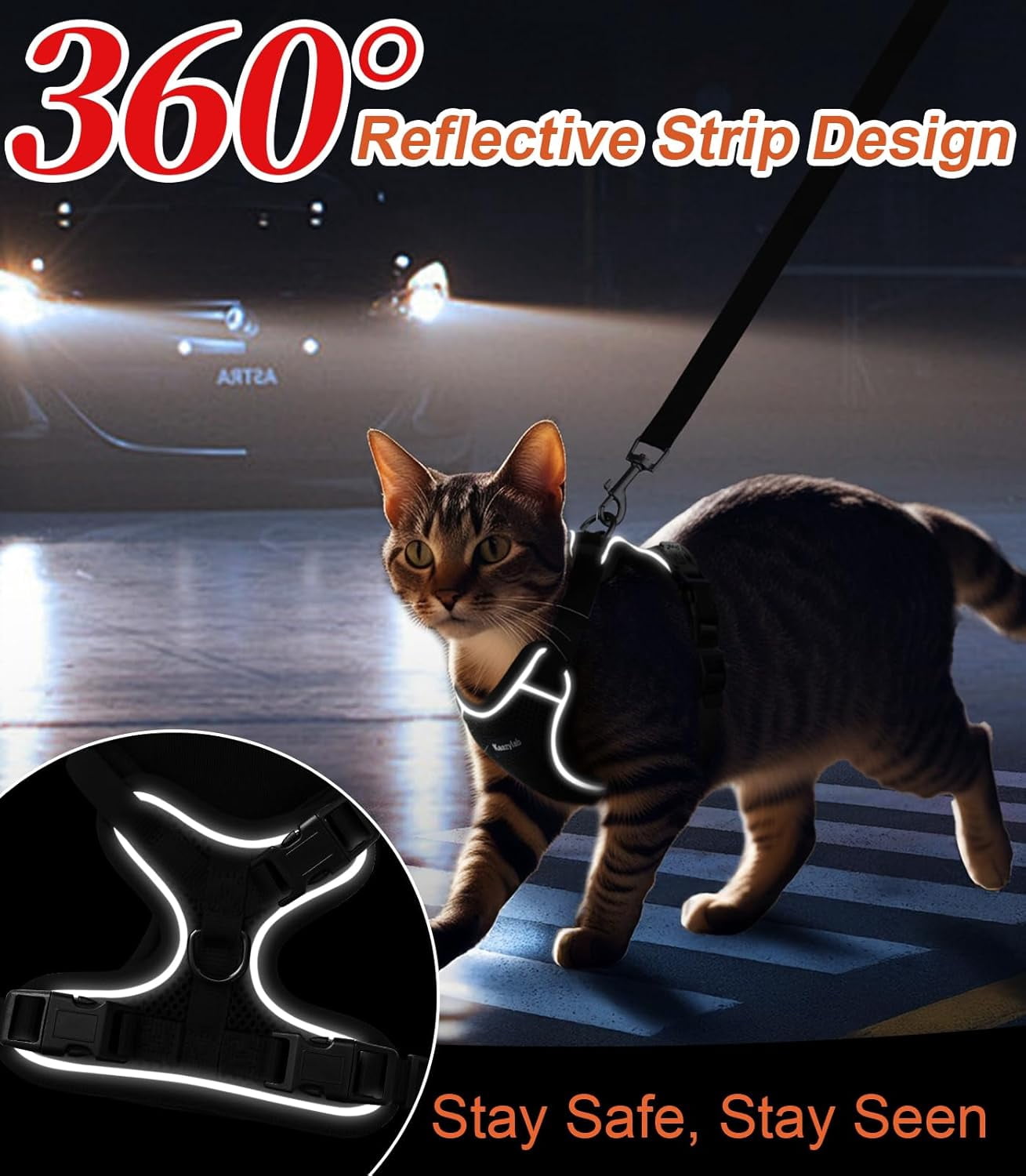 Cat Harness and Leash for Walking Escape Proof Soft Adjustable Cat Leash Breathable Comfortable Vest Easy to Wear Kitten Harness for Outdoor Travel (Black, S (7-12lb))