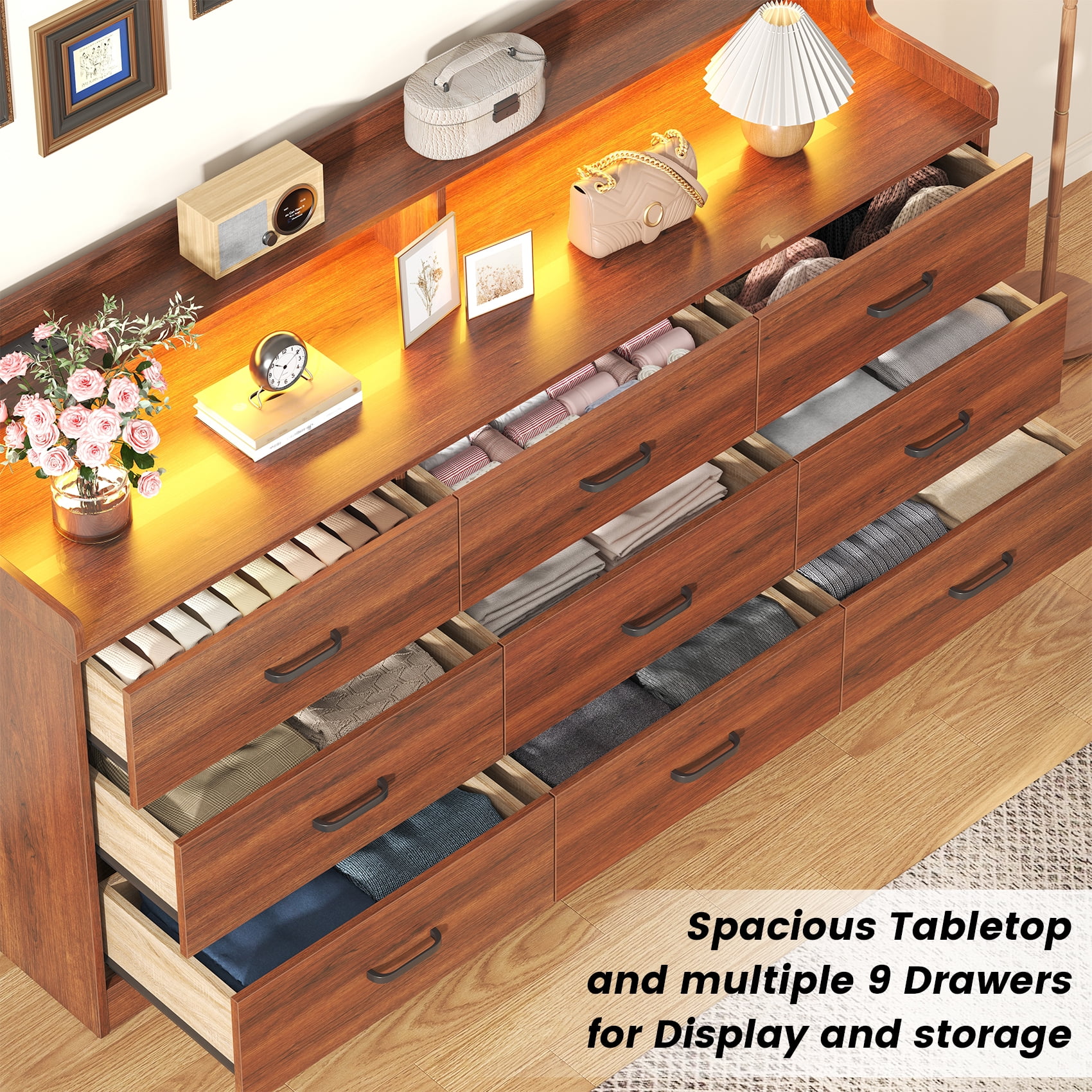 Winkalon 9 Drawer Dresser with LED Light & Charging Station, 63" Long Modern Dresser with 9 Drawers for Bedroom, Wooden Dresser Large Closet of Drawers