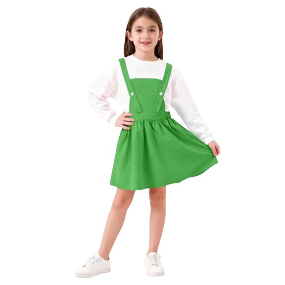 ASEIDFNSA Girls Suspender Skirt with Bib Front Button Straps Elastic Waist and A Line Fit (Green,8-9 Years)