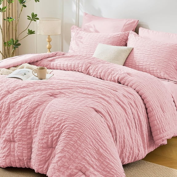 Pink Queen Seersucker Comforter Set 7 Pieces with Flat Sheet Fitted Sheet Pillowcases and Shams