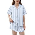 thumbnail image 1 of BLVB Girls Pajamas Satin Pajama Set Silk Pjs Short Sleeve Button down Shirts Summer Ruffle Sleepwear for Big Kids 5-15Y, 1 of 6