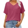thumbnail image 3 of Women's Textured V Neck Short Sleeve T Shirt Tee Top Loose Relaxed Fit Breathable Lightweight Summer Casual Vacation Fashion | CSEONE,Hot Pink XL, 3 of 8