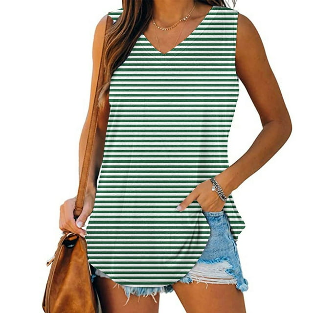 SwiftWear Womens Summer Striped Tank Tops Basic Tanks V Neck Sleeveless Long T Shirts Side Split Loose Going Out Blouse