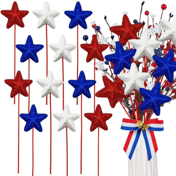 MODANU 12 Pcs 4th of July Decorations, Glitter Puffy Star Picks Foam Star Stems Red White and Blue Artificial Flowers for Patriotic Wreath Table Centerpieces Decoration, Red&Blue&White