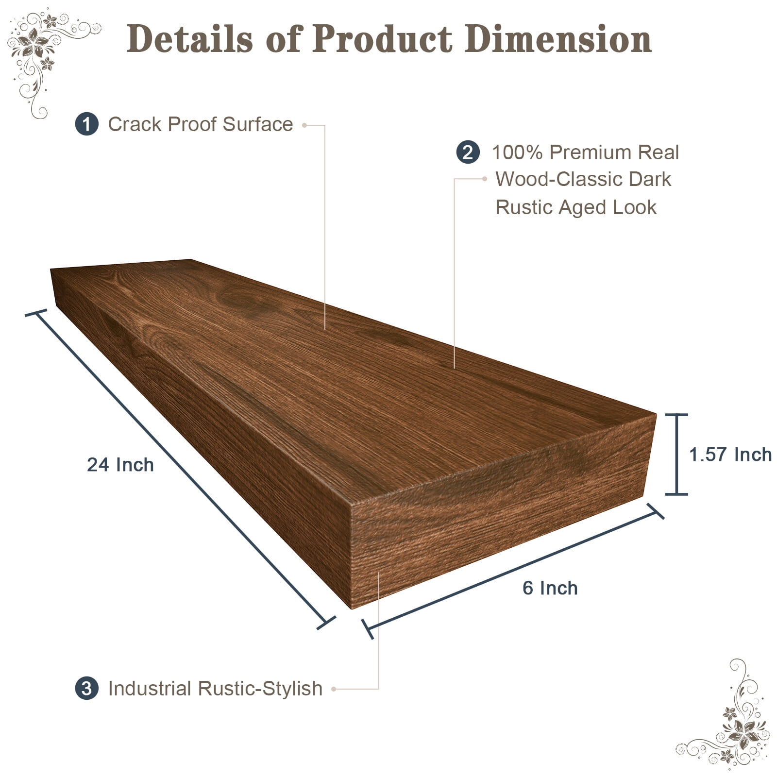 LINGJIA floating Wood Shelves Set of 2 - Rustic Shelf 24 inch - Wide Wooden Wall Shelves for Living Room Bedroom Kitchen Bathroom Farmhouse - Dark Walnut - 24" x 6.3"