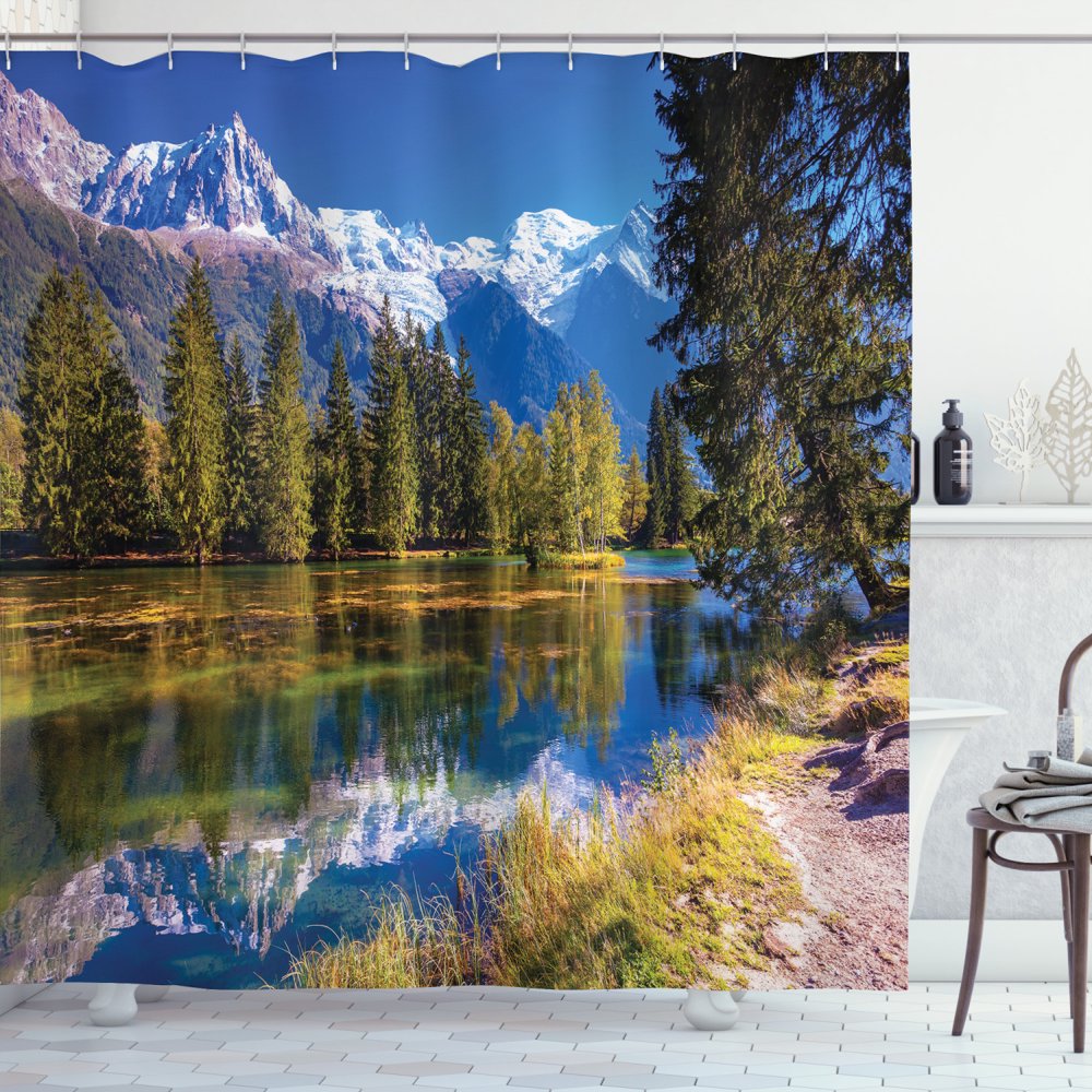Mountain Shower Curtain, Snow Covered Alps Peaks Fir Trees in Lake Natural Paradise European