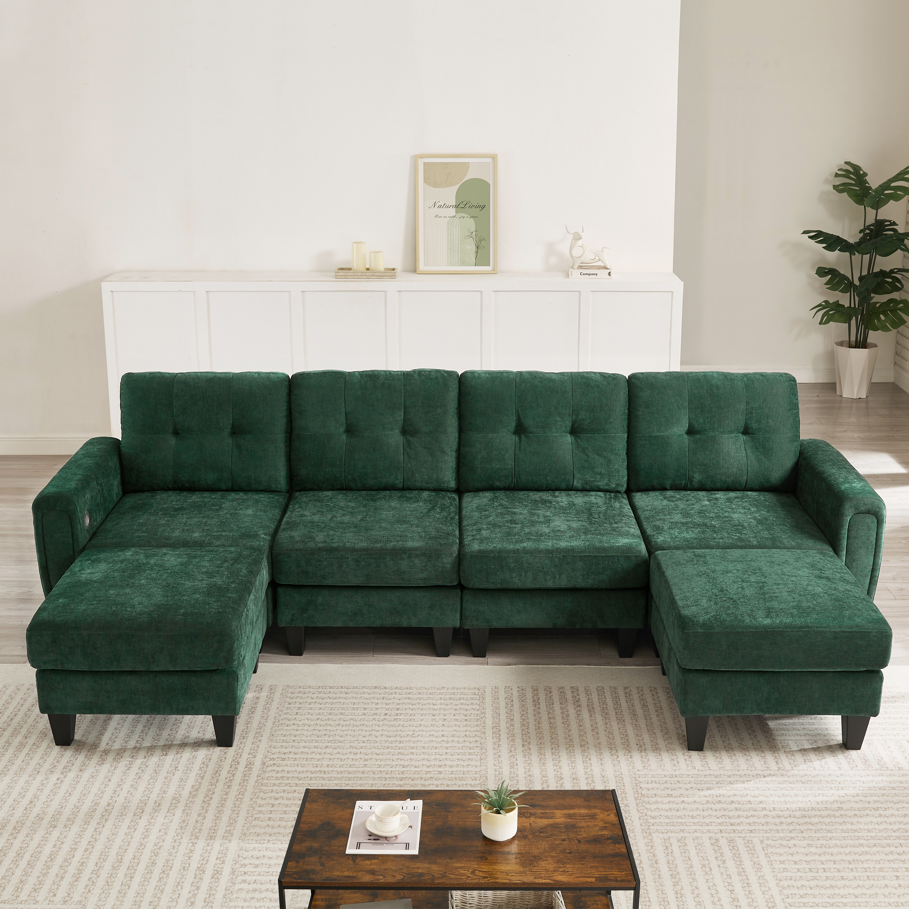 Euroco Modern Sectional Sofa 115" U-shaped Sofa Upholstered Sofa Couch with Two Movable Ottomans, USB Ports and Side Tables for Living Room, Green