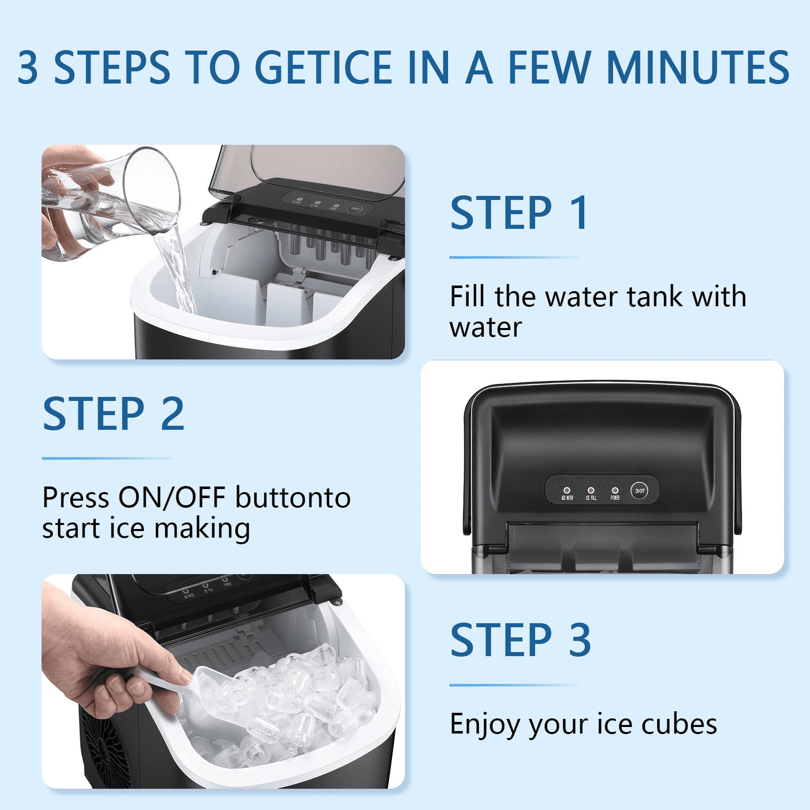 YUKOOL Desktop Ice Maker,Portable,9pcs/6-13min,26lbs/24H,Self Cleaning,With Ice Scoop,Black
