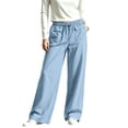 thumbnail image 4 of XuJwPNcy Pants for Women Casual Wide Leg Cotton Linen Pants with Pockets Solid Color Beach Travel Drawstring Trousers(Light Blue,XX-Large), 4 of 7