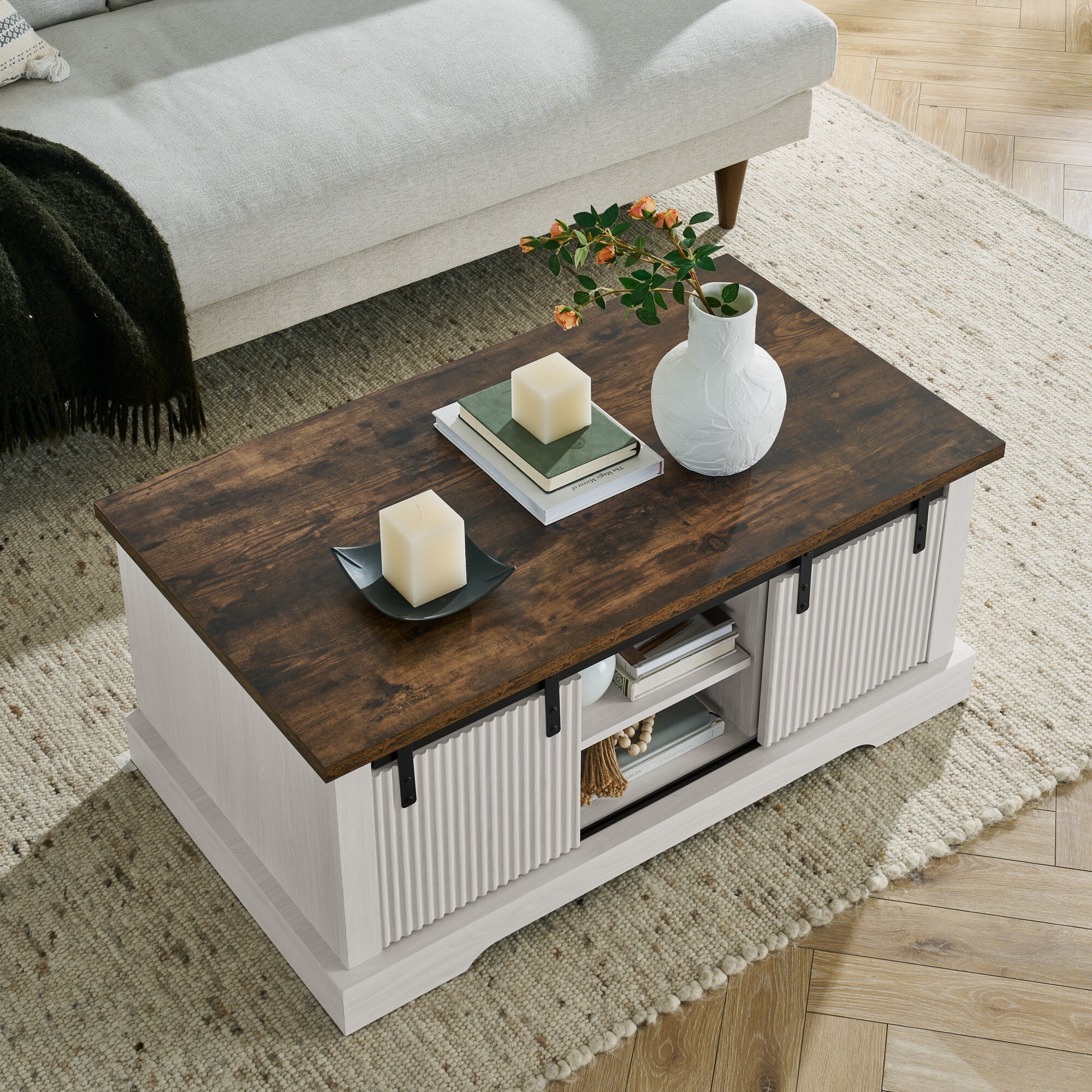 DEALTOPS Rustic Farmhouse Coffee Table with Sliding Barn Doors, Modern Accent Furniture, Antique White