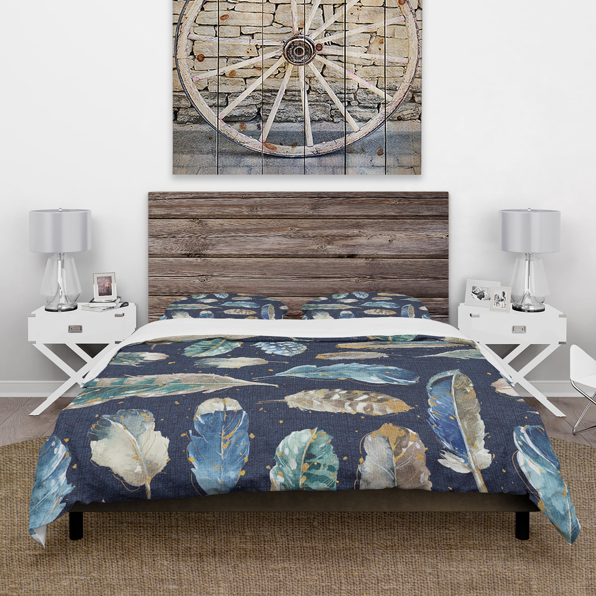 Designart 'Indigold metallic feathers Pattern' Cottage Duvet Cover Set