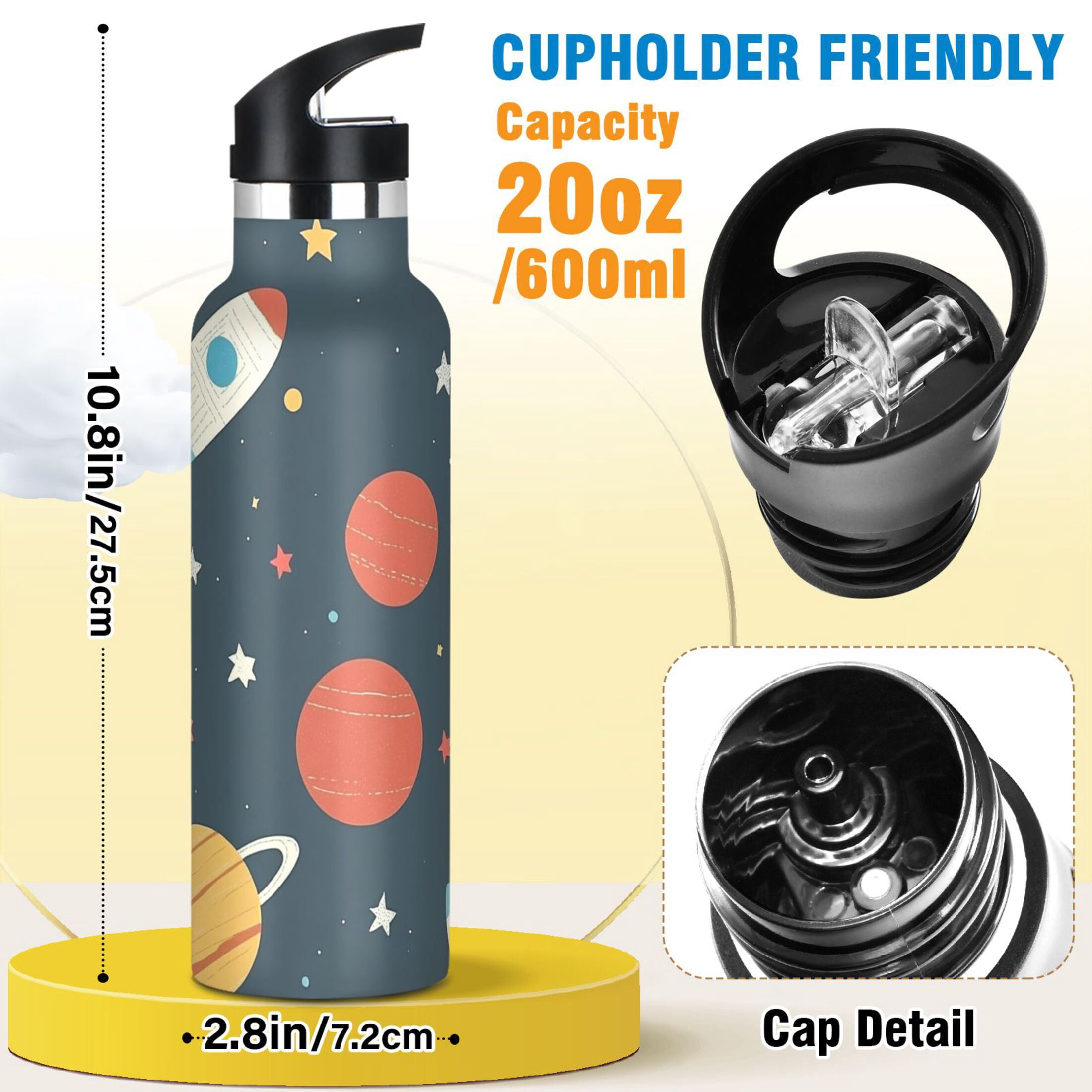 Kids Insulated Stainless Steel Sports Water Bottle 600ml (20oz), BPA-Free Planets and Stars