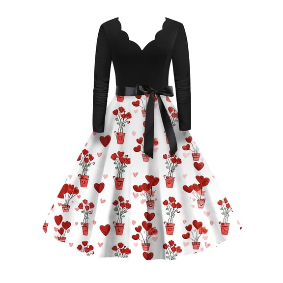 Fgvctg Womens Valentine'S Day Dresses For Date Night Elegant V Neck Vintage Dresses Cocktail Love Heart Graphic Trendy 1950S Dress Long Sleeve Classy Dressy Outfits Watermelon Red L
