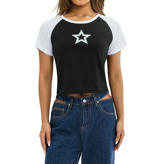 Jxzom Women Fairy Grunge Y2k Crop Tops Shirts Star Print Aesthetic Tops Short Sleeve 90s E Girls Slim Fit Summer Tees