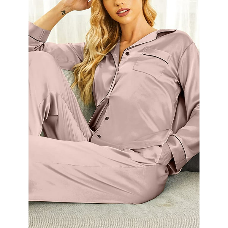 DAKIMOE Sleepwear Womens Silky Satin Pajamas Set Long Sleeve Nightwear  Loungewear, Champagne, L