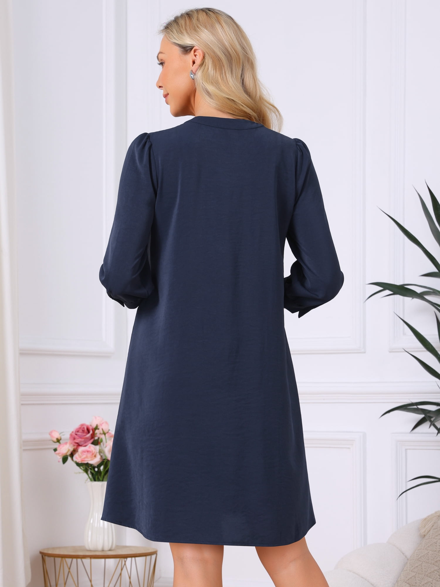 DARING DIVA Women's 3/4 Puff Sleeve Mini Button Crewneck Shift Dress M Dark Blue