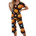 thumbnail image 2 of Women Halloween Pajamas Set Print Halloween Pj Set 2-Piece Outfit Short Sleeve Top and 7/8 Pants for Parties, Daily Wear Orange M, 2 of 5