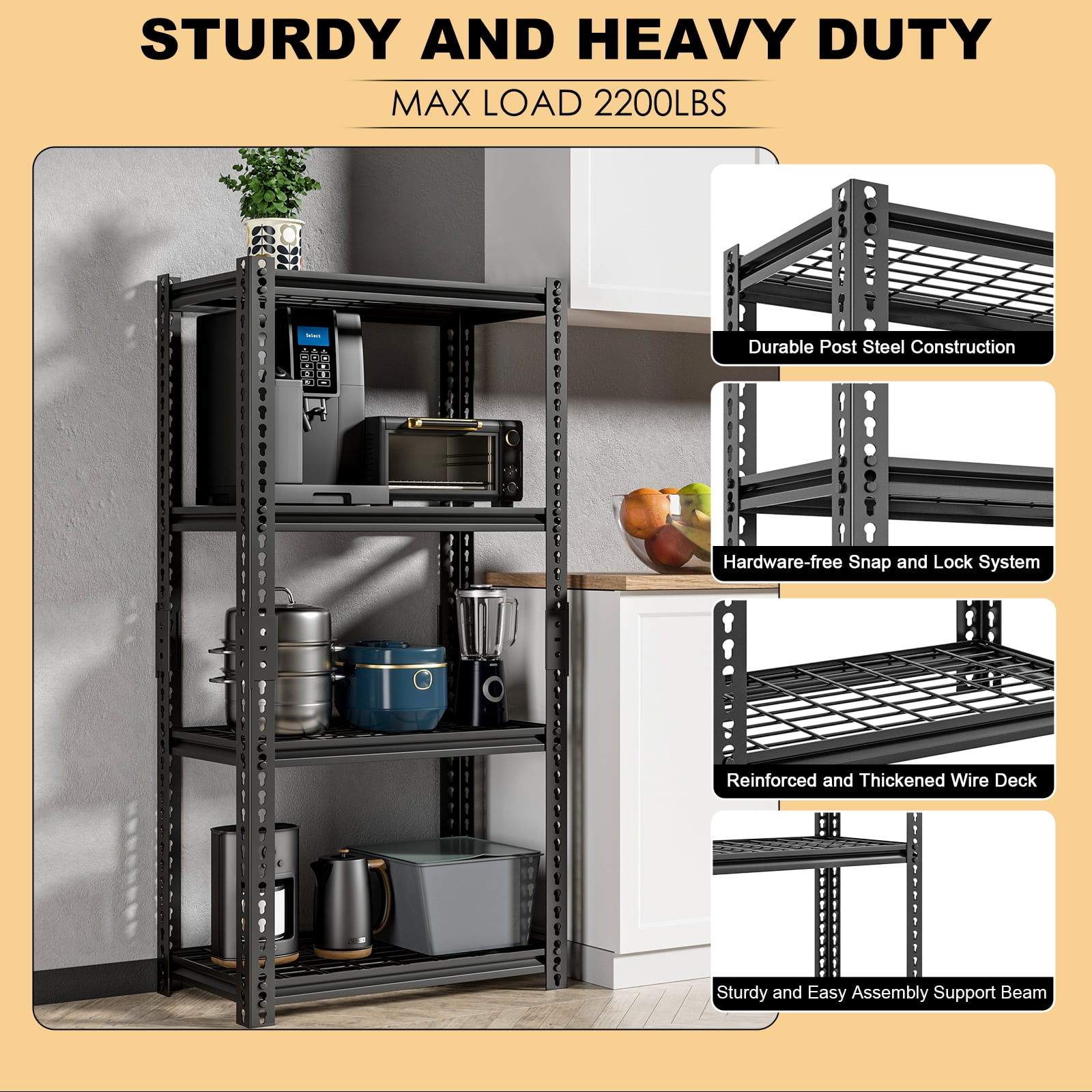 4 Shelves Adjustable Storage Steel Wire Shelves Black, 63" Tall Steel Wire Shelving Unit Heavy Duty Utility Racks for Garage Basement Kitchen Closet Oganization, 3200 lbs Capacity, 2PC