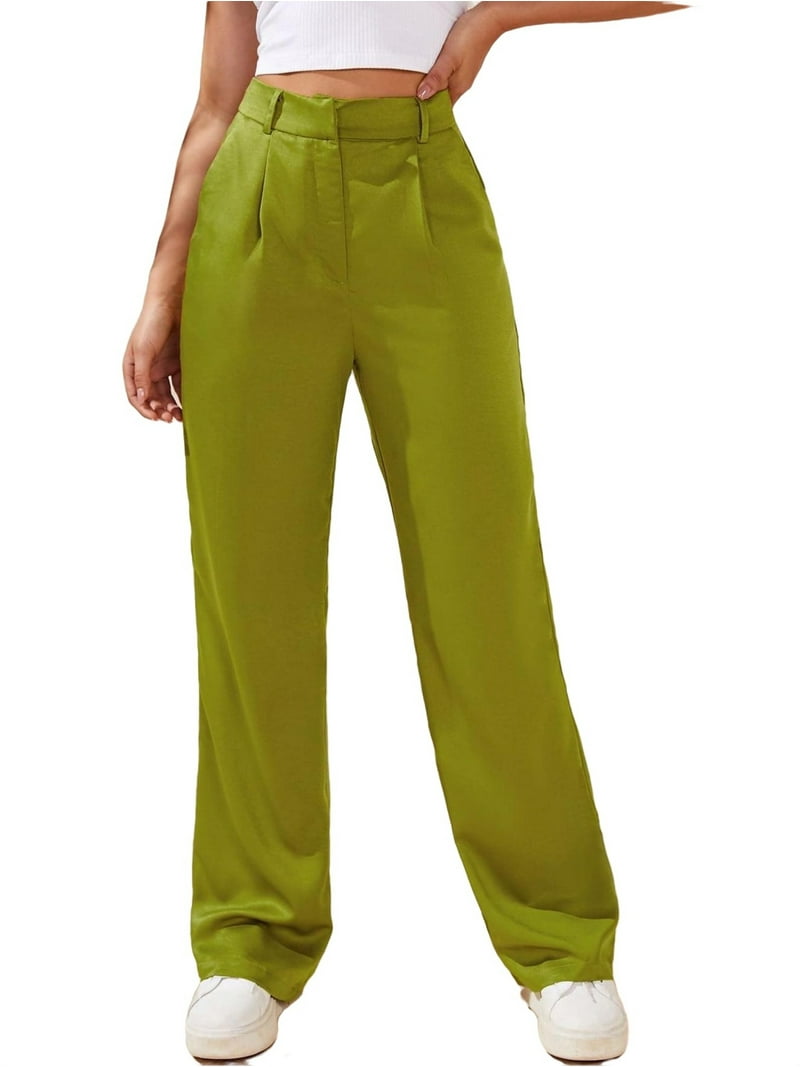 Women's Elegant Plain Straight Leg Lime Green Pants XS (2