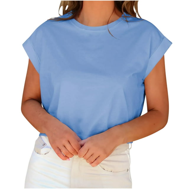 Timegard Womens Tops Crew Neck Cap Sleeve Cropped Top Summer Basic Tees Casual Loose Tank Top Blouse