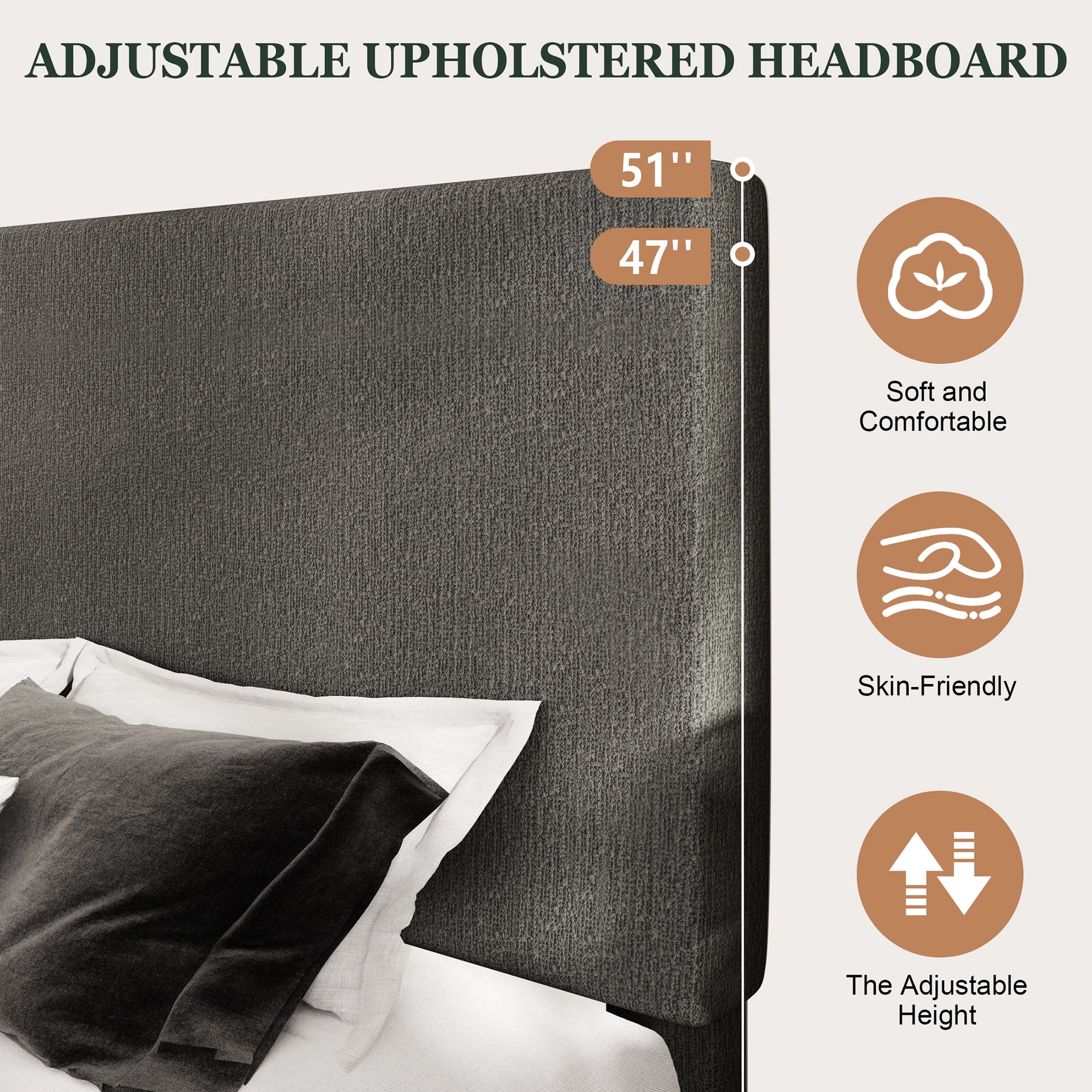 Amolife Queen Bed Frame, Platform Bed Frame with Upholstered Adjustable Headboard, Gray, Nubby Fabric