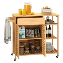 Bamboo Kitchen Island Cart, Rolling Butcher Block with Large Drawer, 2-Door Cabinet, 3-Tier Open Shelves, , Kitchen Carts on Wheels with Storage for Dining Room