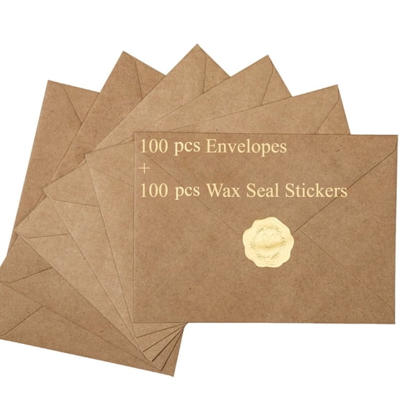 HOHAHO 100 pack Kraft A7 Envelopes, 5.25x7.25 V-Flap Self Adhesive  with Golden Wax Seal Stickers for 5x7 Cards,Perfect for Greeting Invitation Photo