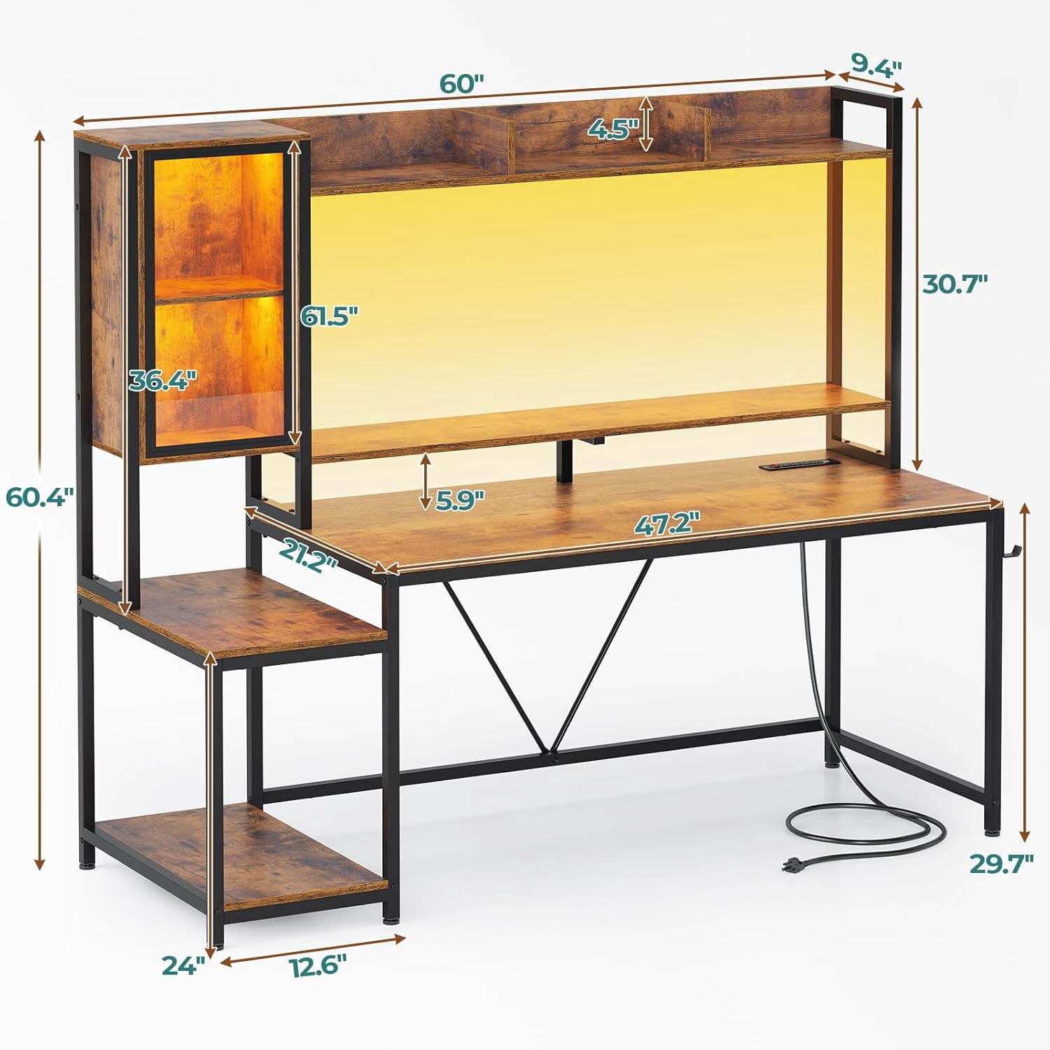 60 Inch Gaming Desk with LED Lights and Power Outlets, Computer Desk with Open Shelves, Large Corner Desk with Monitor Stand, Home Office Desk with Hutch, Rustic Brown