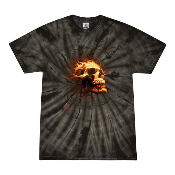 Wild Bobby, Firey Flaming Skull, Pop Culture, Tie-Dye Tees, Spiral Black, Small
