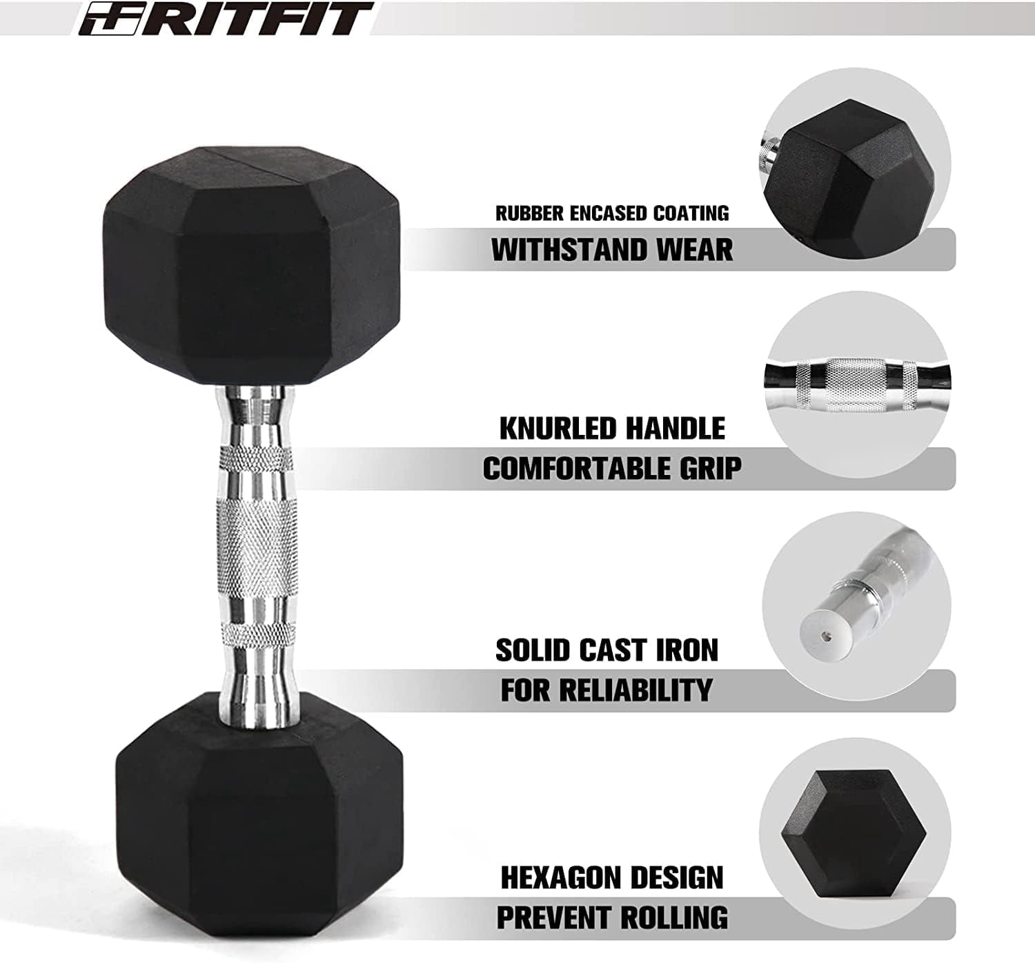 RitFit 180 LB Rubber Hex Dumbbells Set with Optional Dumbbell Rack, Multi Weight Set to Choose, Ideal for Home Gym and Fitness