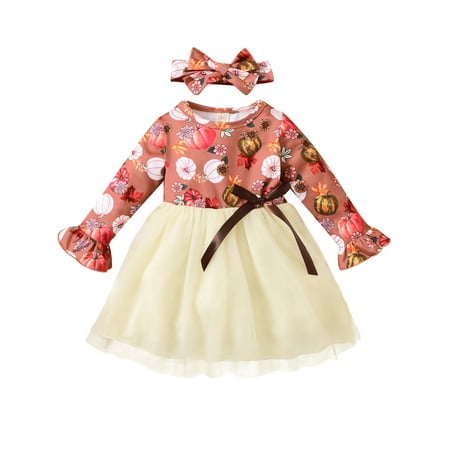 

Canrulo Toddler Baby Girls 2Pcs Halloween Outfits Cute Pumpkin Floral Long Sleeve Tulle Dress Headband Set White 2-3 Years