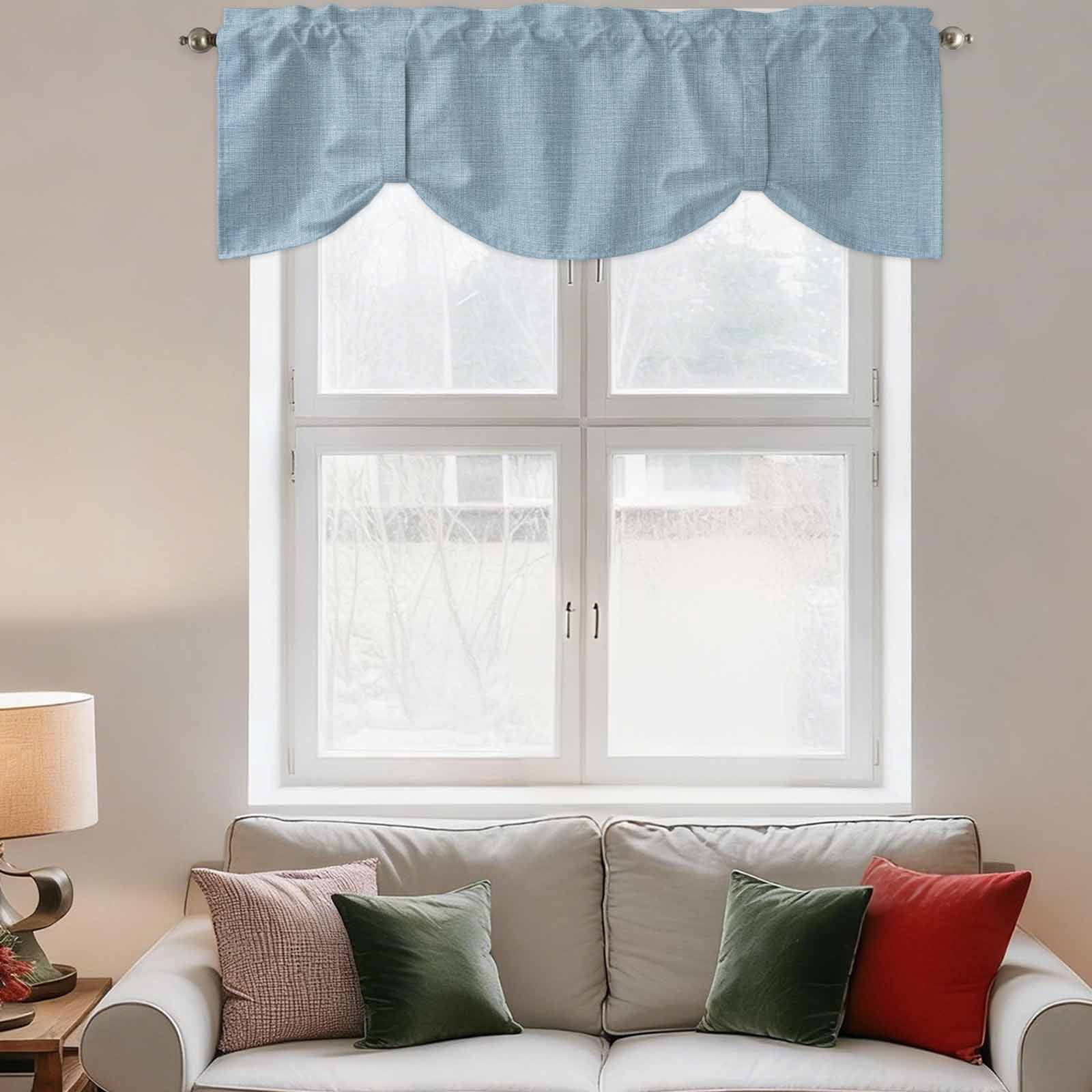 Vintage Sky Blue Tie Up Valance Curtains for Windows, Kitchen Curtains Window Treatments, Farmhouse Retro Solid Color Linen Texture Short Window Shades Valances for Bedroom Bathroom Cafe 54"x18"
