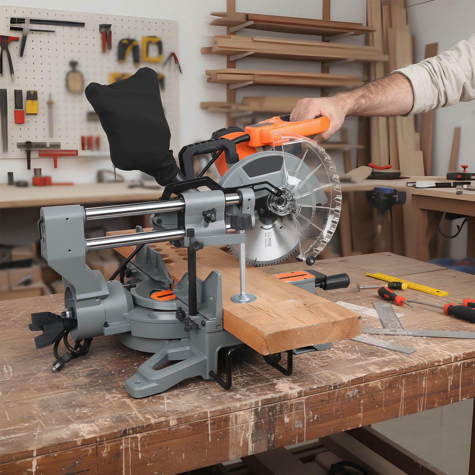 10-Inch Sliding Compound Miter Saw, Corded 15 Amp Miter Saw, Double Bevel with 100-Tooth Carbide Blade, LED Light, Angle Adjustable for Precision Cuts on Wood, Decking, Laminates