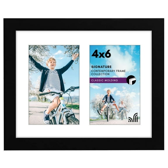 4x6 double photo frame, black wood composite material, shatterproof glass, versatile horizontal and vertical wall or tabletop display, elegant black finish