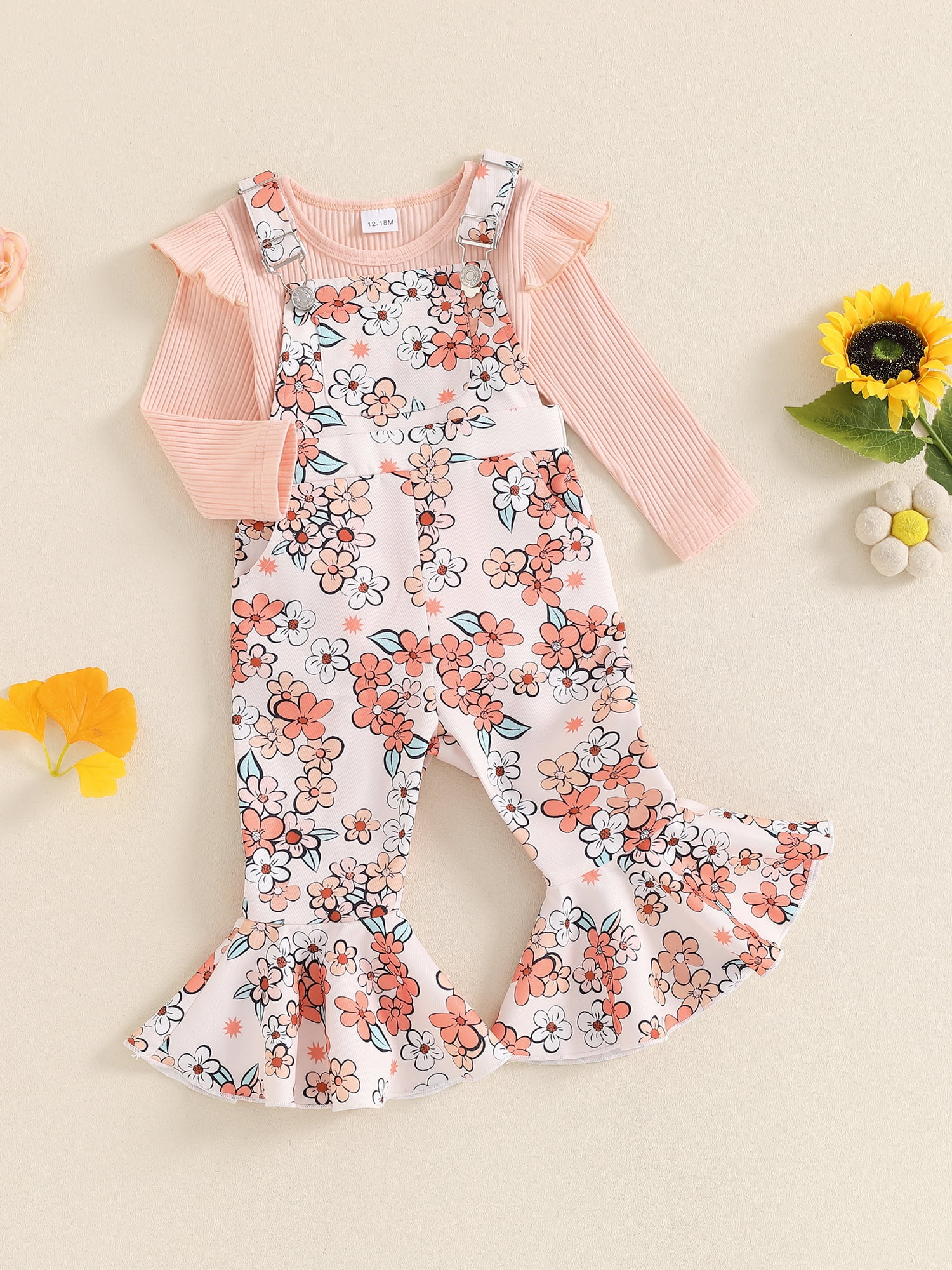 Hirigin Toddler Baby Girl Fall Clothes 1-5 Years Floral Print Overalls Suspender Flare Pants Long Sleeve Ruffle Knit Top 2Pcs Outfits Set