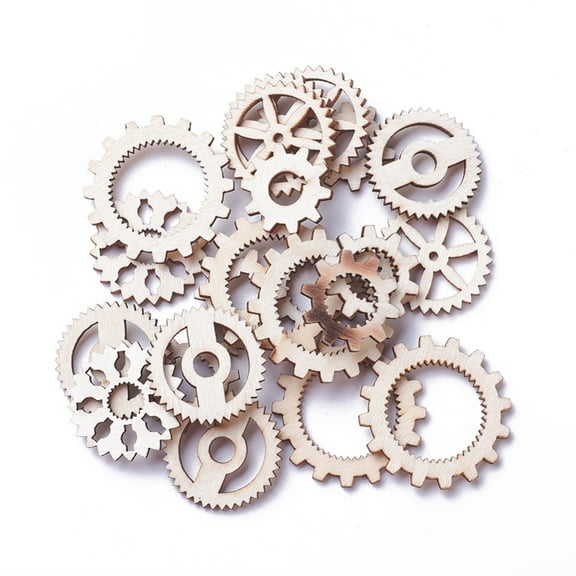 100pc Undyed Wood Steampunk Pendants Gear Charms Antique White 12~38x2~2.5mm Hole: 2~12mm