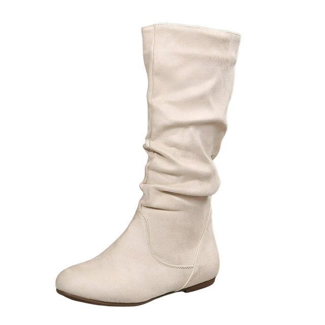 Bottes Mi-Mollet pour Femmes en Suède Élégant, Design Plissé, Confortables, Semelle Plate, Style Britannique