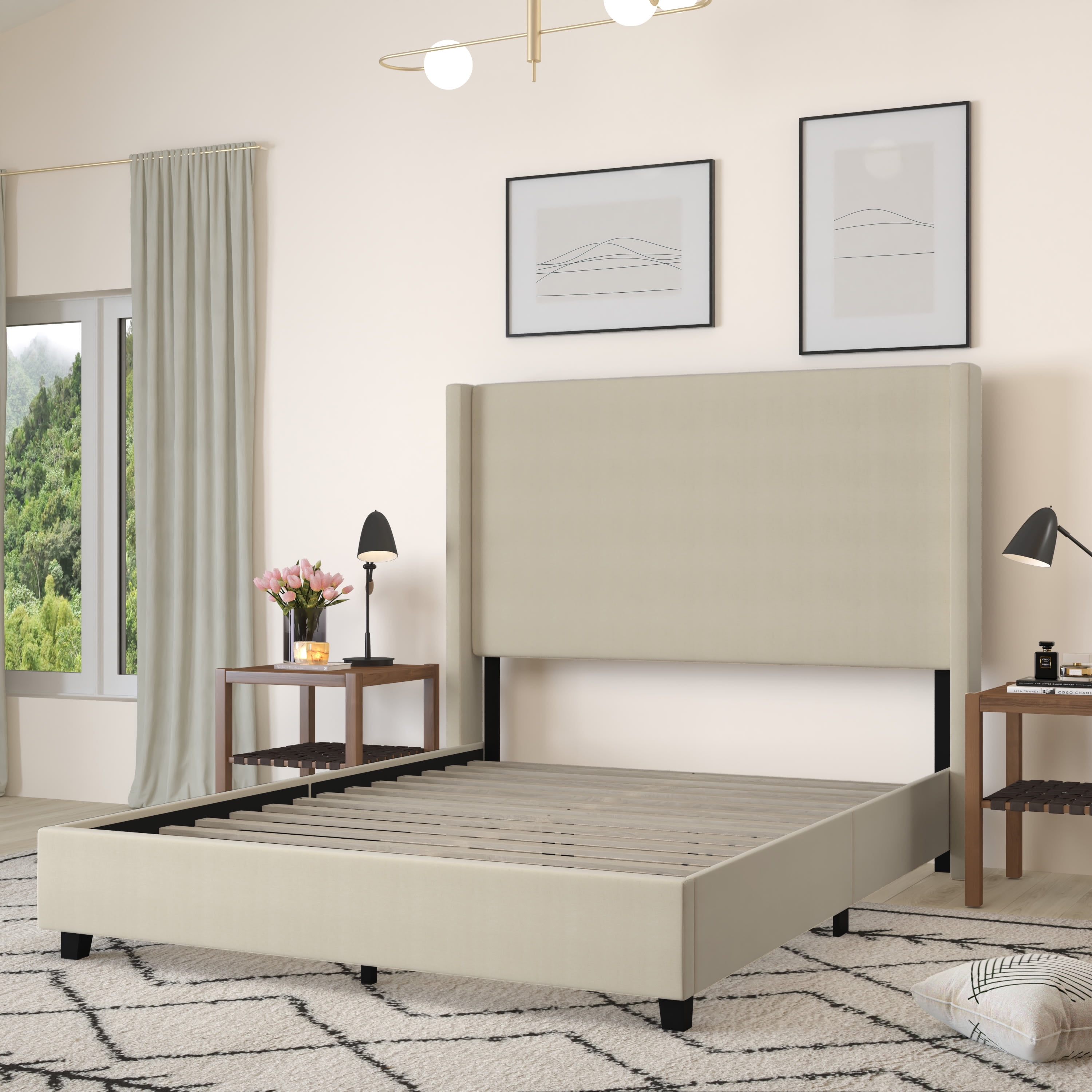 Merrick Lane Modern Platform Bed with Upholstered Wingback Headboard, Queen Size, Beige