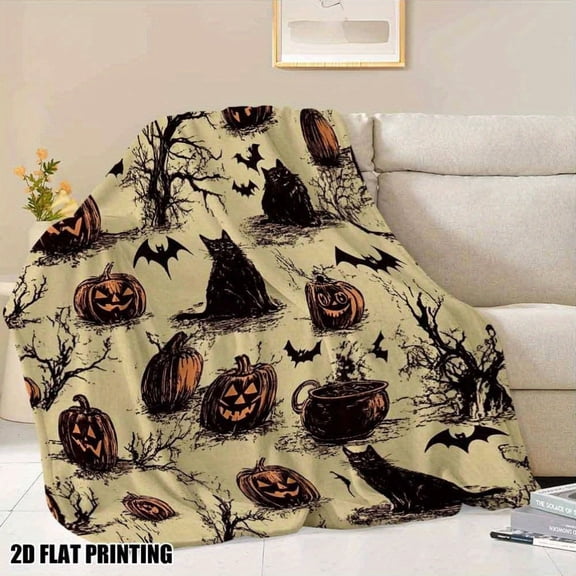 1pc Ultra-Soft Halloween Throw Blanket - Spooky Black Cats, Pumpkins, Bats - All-Season Cozy Flannel Bedspread for Couch, Bed, Camping, Office - Perfect Halloween Party Decor & Year-Round Gift - Soft