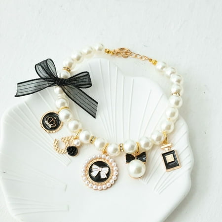 Pet Bow Pearl Collar Cat Jewelry Pendant Princess Necklace Dog Sweet Decorations Puppy Rhinestone Collar Chihuahua Accessories (Black L 32-40CM)