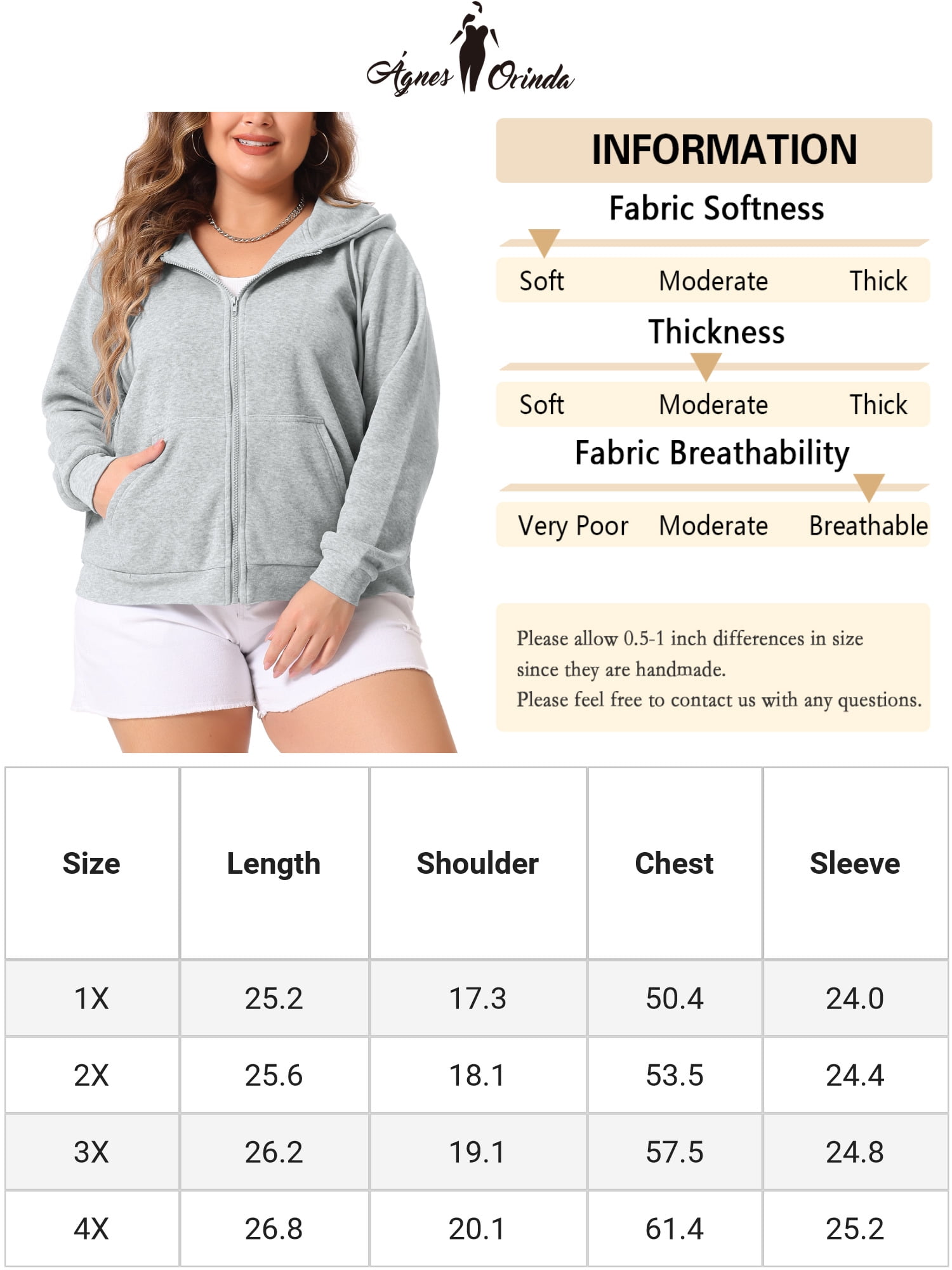 DARING DIVA Plus Size Zip Up Long Sleeve Hooded Jacket 1X Grey