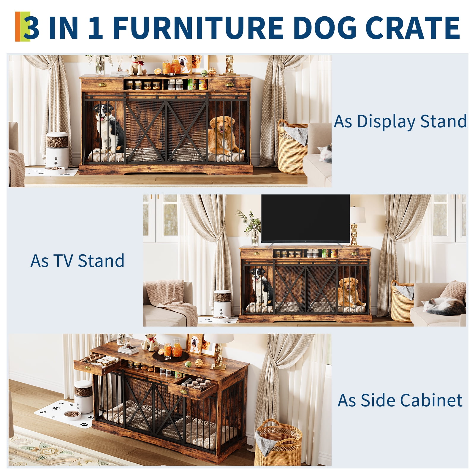Large Dog Crate Furniture, Heavy Duty Dogs Cage with Double Doors, Divider, 2 Drawers, Sliding Doors, Indoor Puppy Kennel Side Table TV Stand for Small and Medium Sized Dog(Brown+Black)