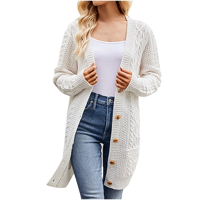 Yuyuzo Womens Long Cardigans Chunky Cable Knit Sweaters Button down Open Front Outerwear with Pockets