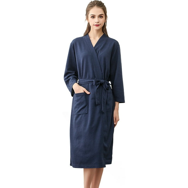 Lightweight Waffle Knit Bathrobe for Men & Women - Solid Color Lounge Robe - Home Spa & Hotel Style Wear | Hontri | Unisex Breathable Solid Color Bathrobe Splicing Home Clothes Robe (Navy | 3XL)