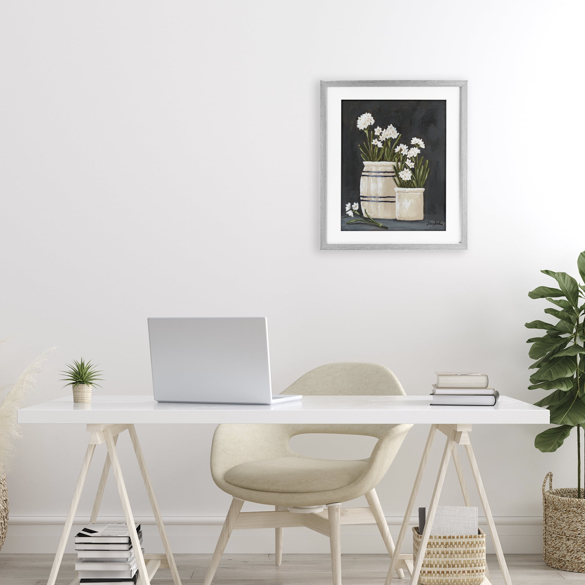 Stupell Industries Vintage Crocks & Paperwhites Gray Framed Print Under Glass, design by Sara Baker