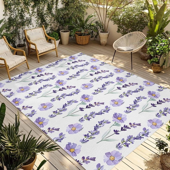 Lavender Floral Outdoor Rug 5x8 Ft - Reversible Patio Rug Outdoor Camping Rugs, Summer Pastoral Flowers Botanical Washable Indoor Outdoor Area Rugs, Non-Slip Outdoor Carpet Runner for Deck/Porch