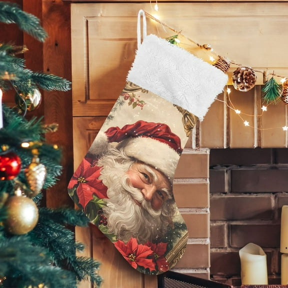 Ryvnso Christmas Stockings Vintage Santa Claus Poinsettia 17.7" Large Stocking Decoration 1 Pack