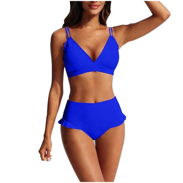 Trajes de Baño de Corte Alto para Mujeres de Color Sólido con Cojín de Pecho, sin Soporte de Acero Traje de Baño Dividido con Cordón Suelto, Cintura Alta
