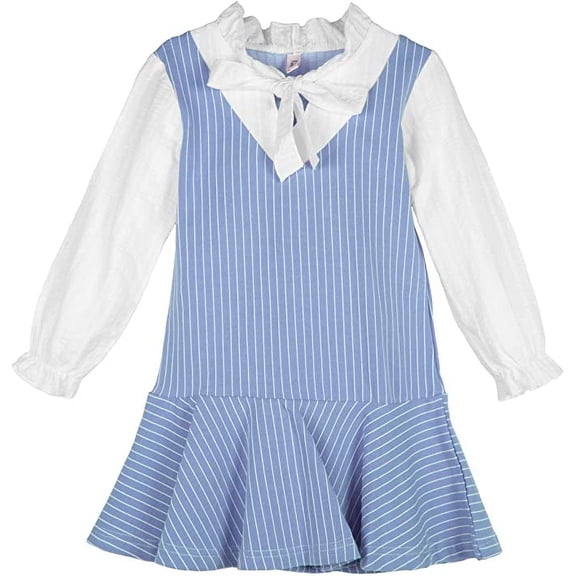 ContiKids Toddler Little Girls Long Sleeve Dress Ribbon Bowknot Stripe Blouse Shirts Dresses Blue 6-7 Year